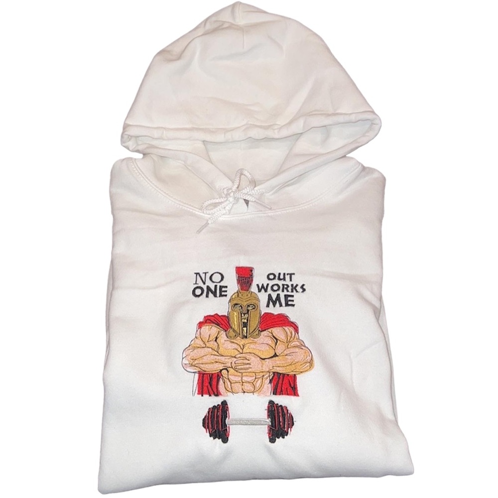 Spartan No One Out Works Me White Hoodie Embroidery